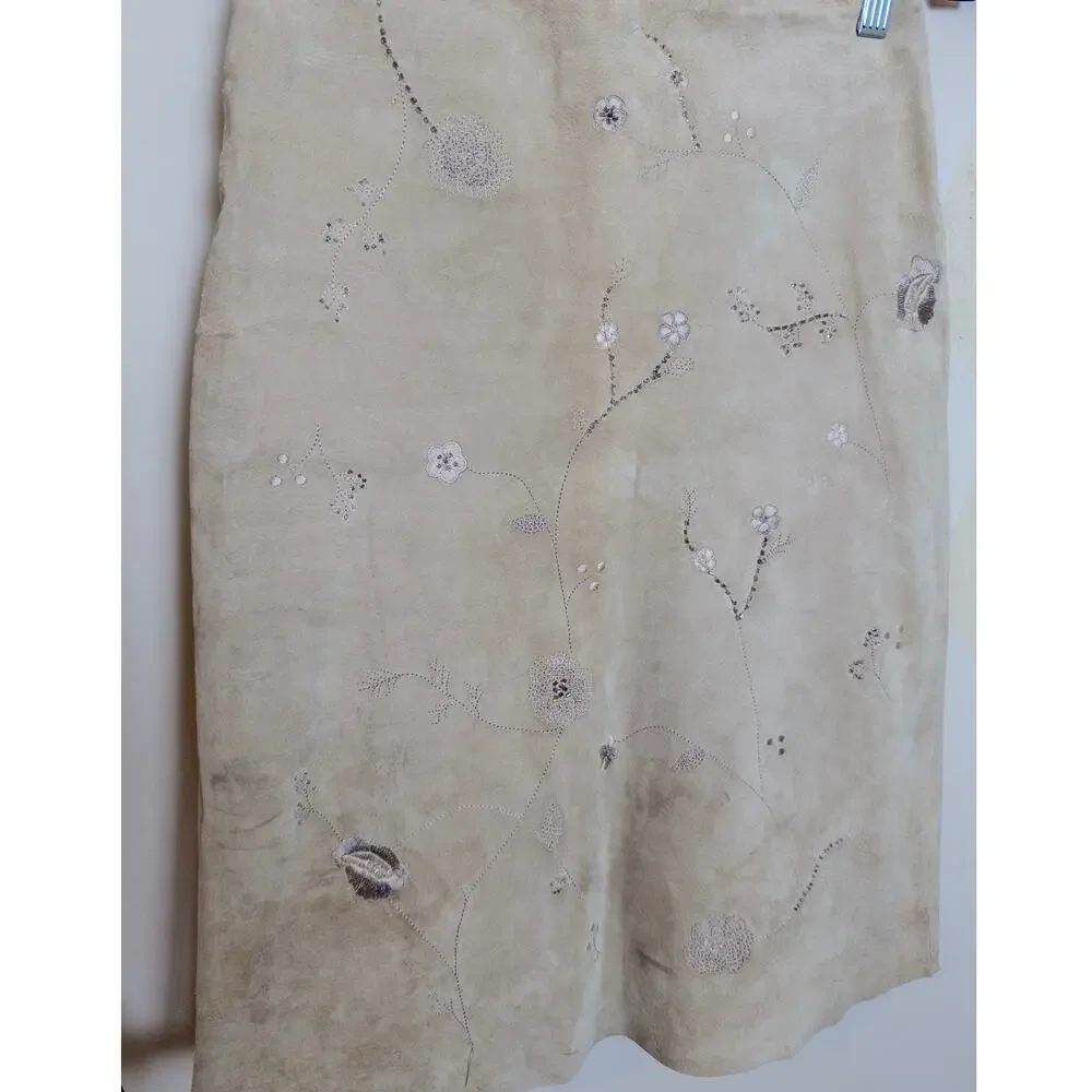Vintage Y2K Suede Embroidered Floral Pencil Skirt Beige Beaded Leather Skirt 0